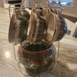 Vintage Ceramic Stoneware Brown Glaze Soup Pot Set